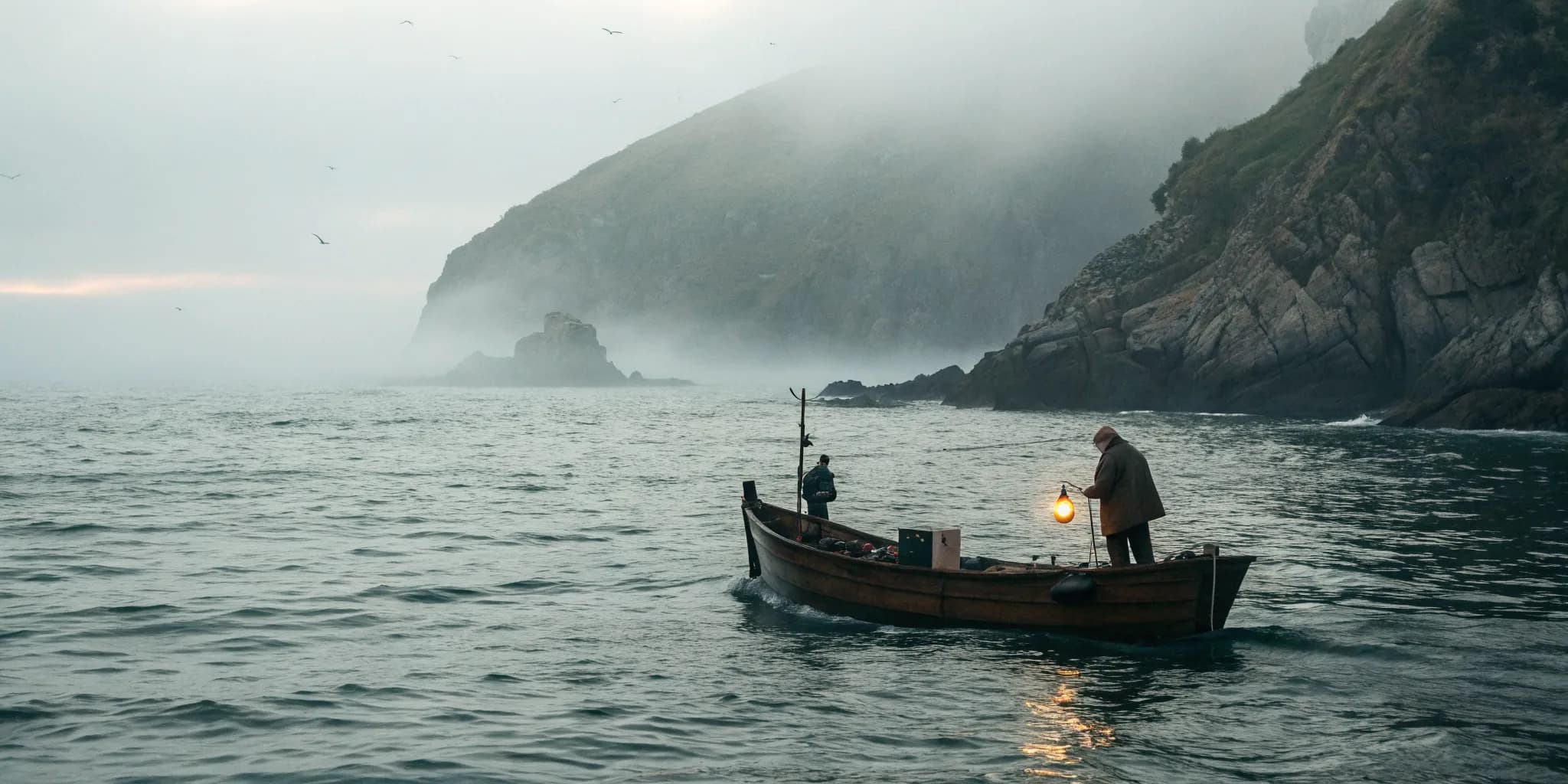 A wooden fishing boat emerging from thick sea fog at dawn, lantern glowing at the bow