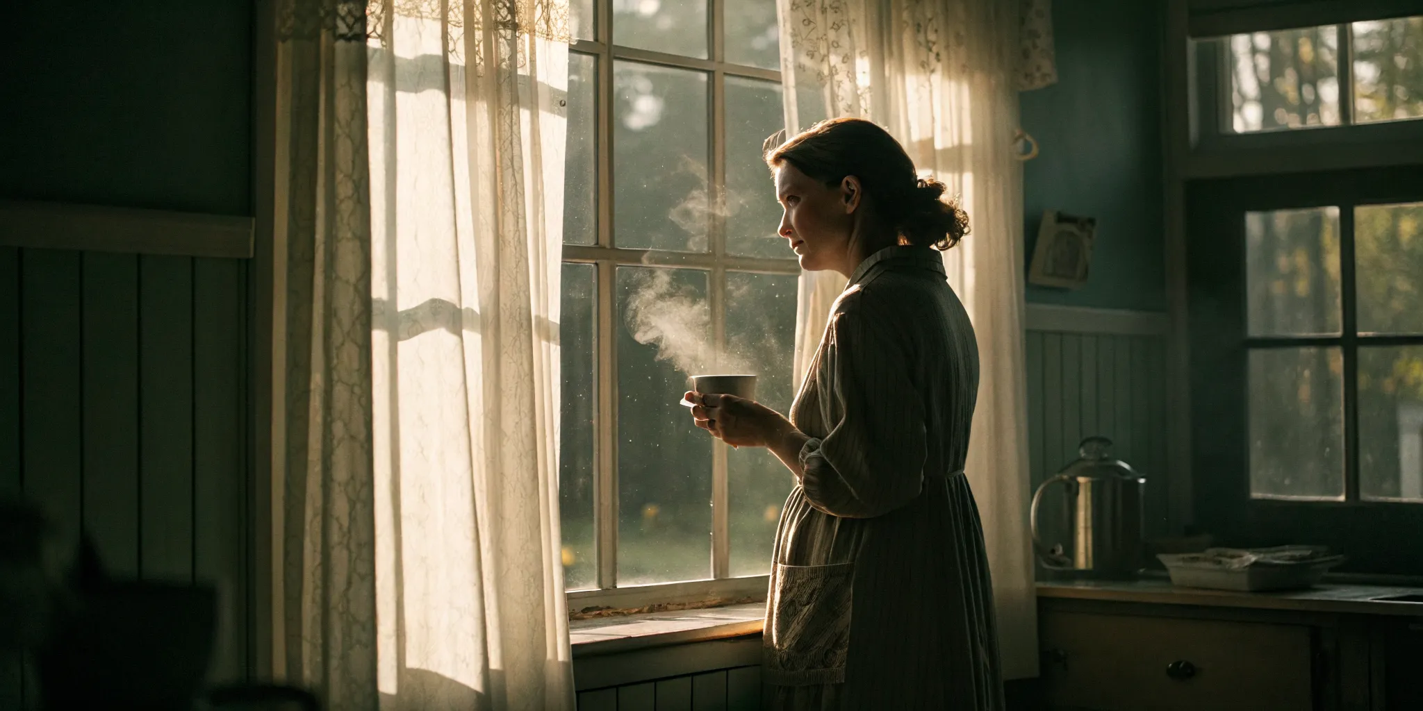 A woman at a farmhouse kitchen window in low morning light, steam rising from a coffee cup