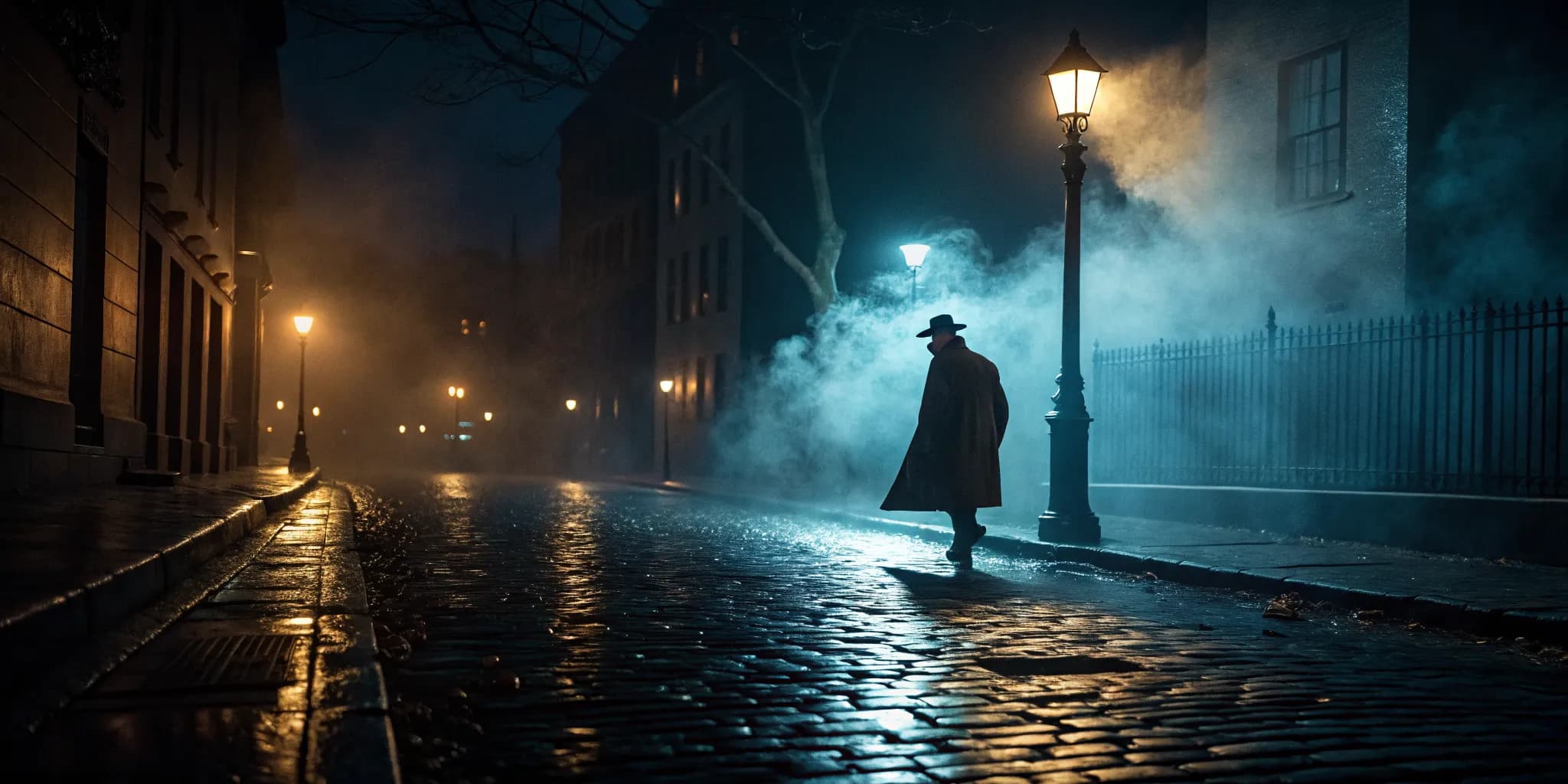 A figure in a long coat crossing a rain-soaked cobblestone street under a single streetlamp