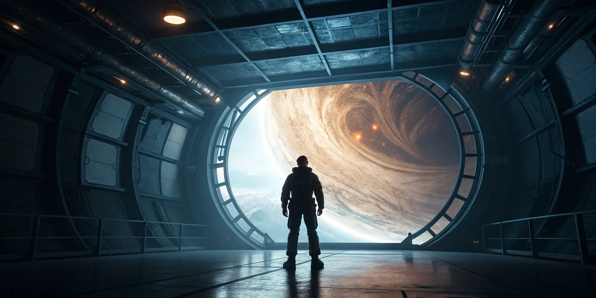 An astronaut silhouetted against a vast circular window filled with an amber gas giant