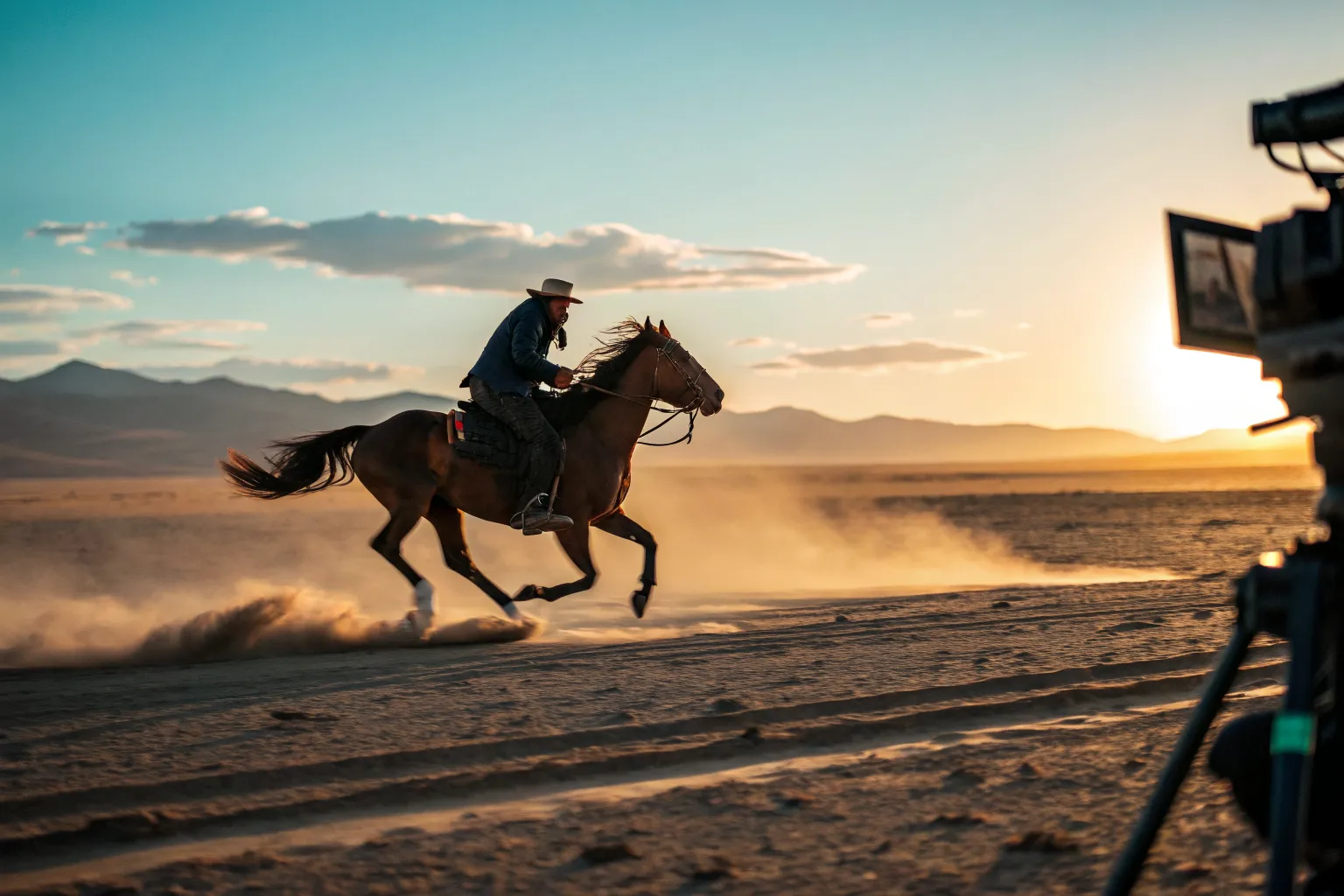 A camera operator tracking a galloping horse and rider across desert flats at golden hour