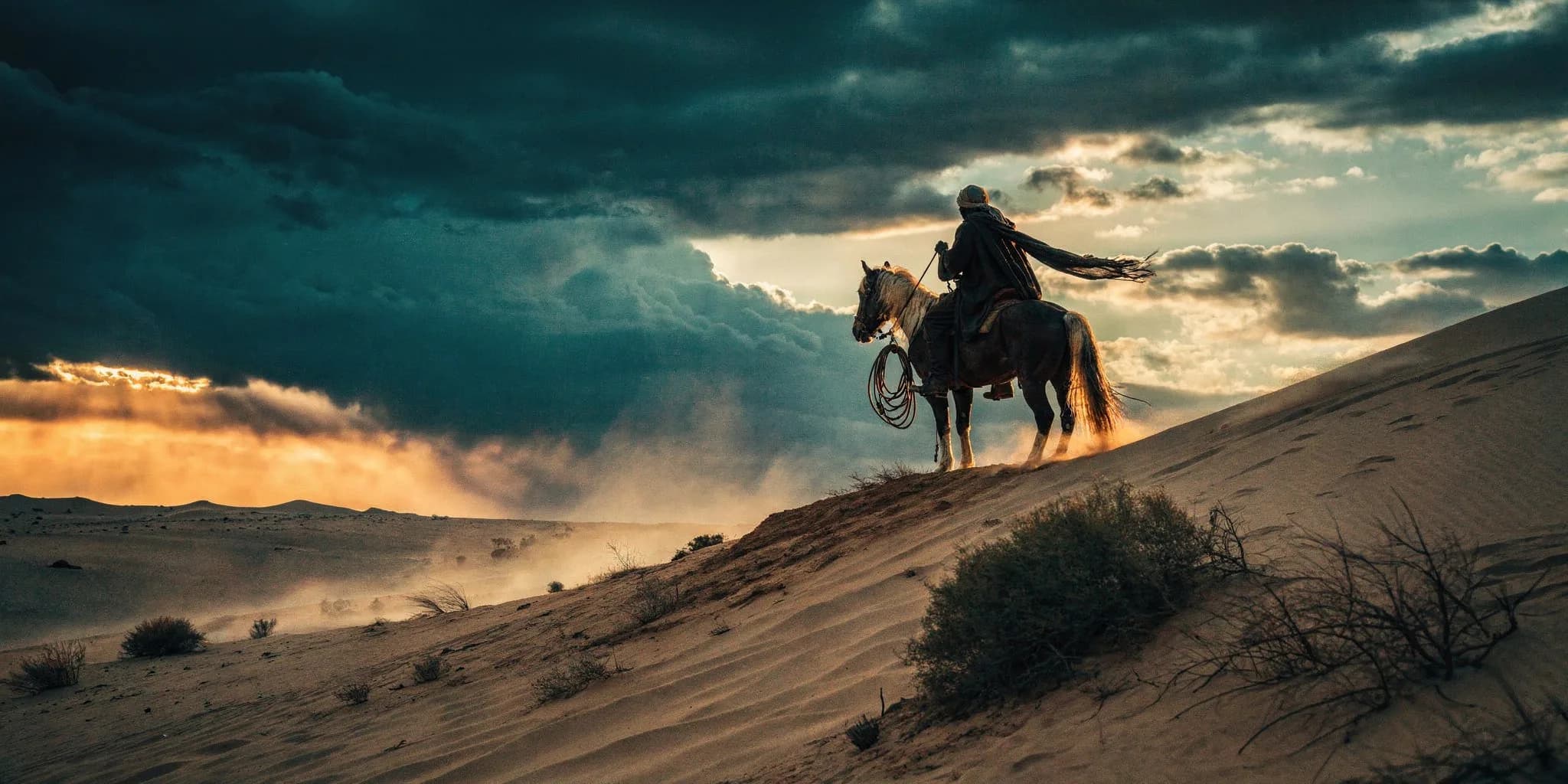 A lone rider on horseback crests a windswept desert ridge at dusk, storm light breaking across the sand