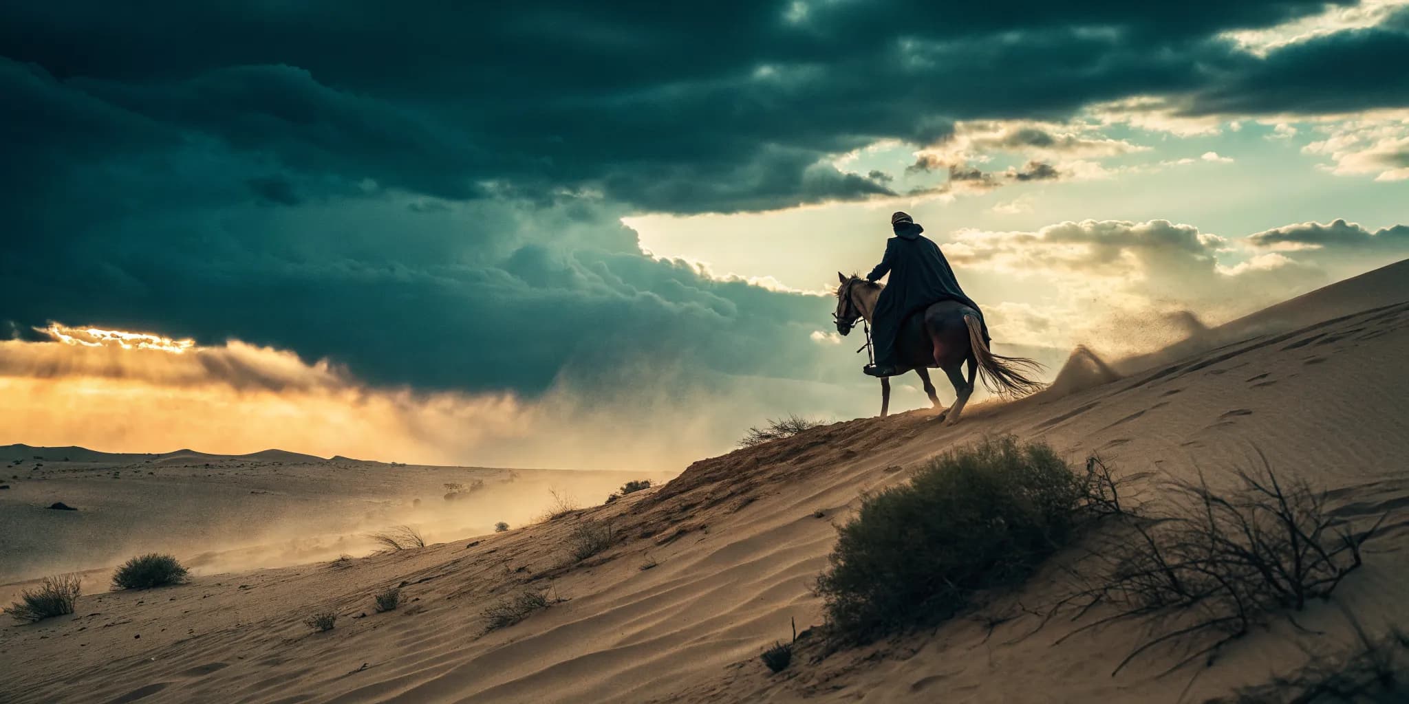 A lone rider on horseback crests a windswept desert ridge at dusk, storm light breaking across the sand