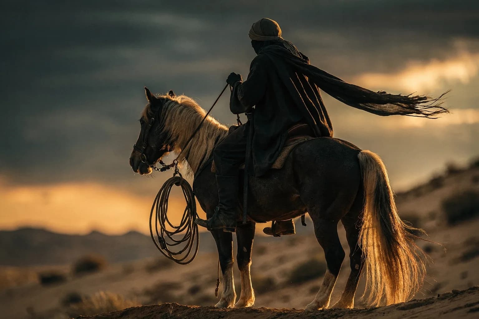 Styled frame of a cloaked rider at dusk, lasso coiled on the saddle, amber rim light against storm clouds