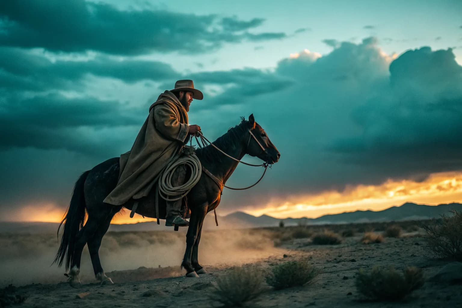 Styled frame of a weathered rider at dusk, lasso coiled on the saddle, amber rim light against storm clouds