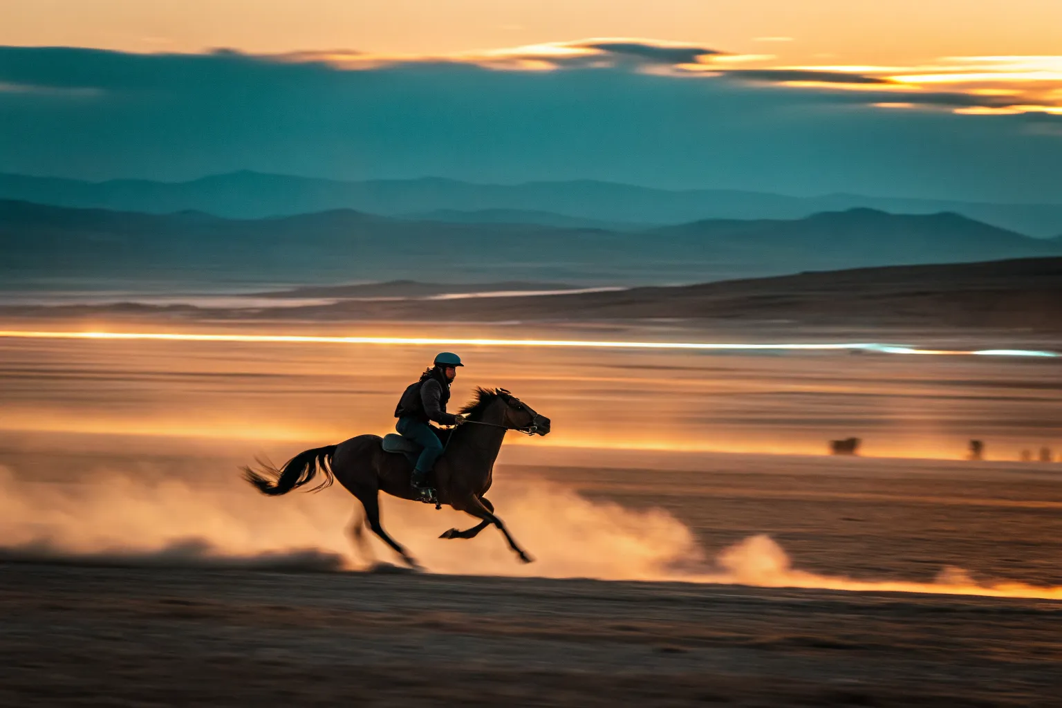 Motion-blurred take of a horse and rider at full gallop across desert flats at dusk