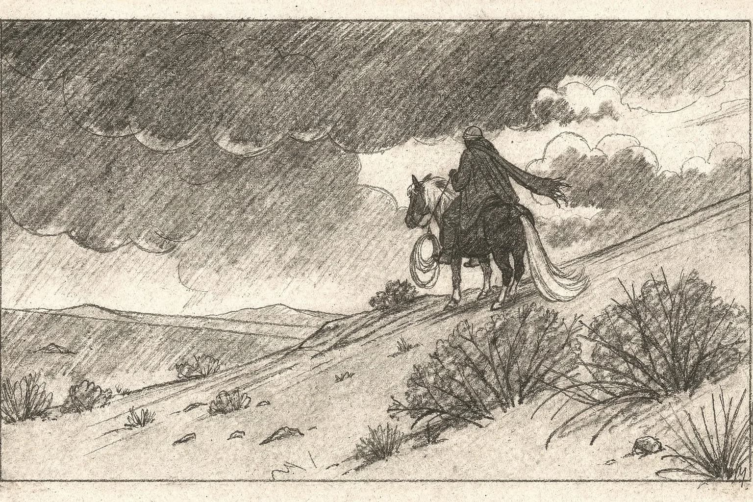 Graphite storyboard sketch of a rider on horseback cresting a dune ridge