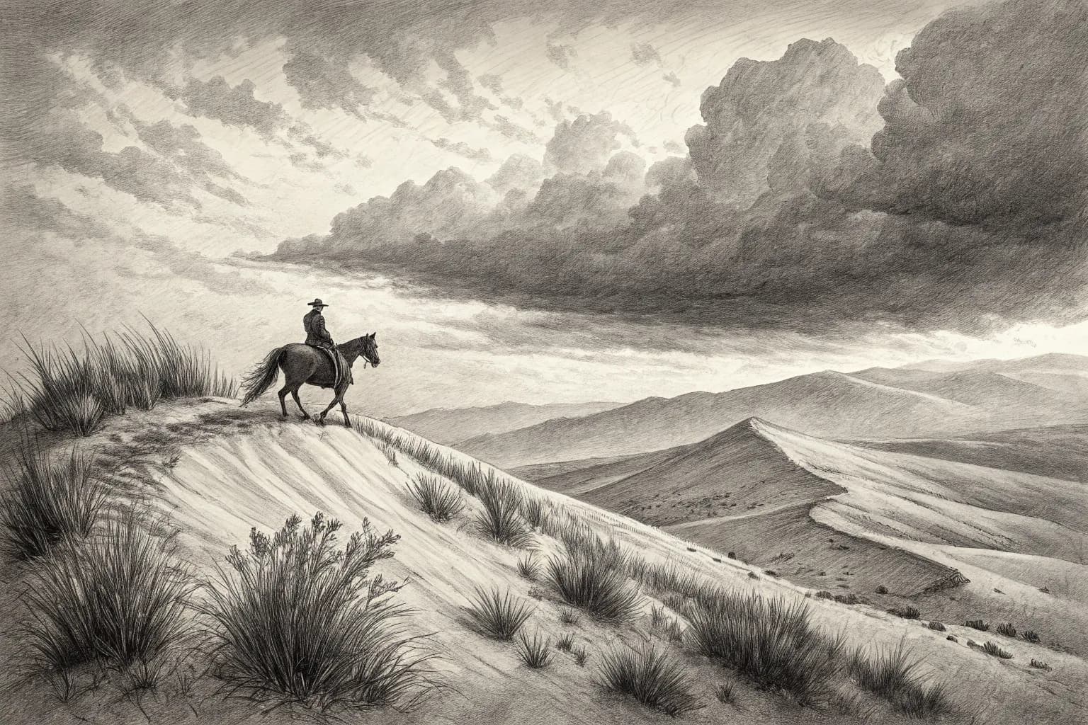 Graphite storyboard sketch of a rider on horseback cresting a dune ridge